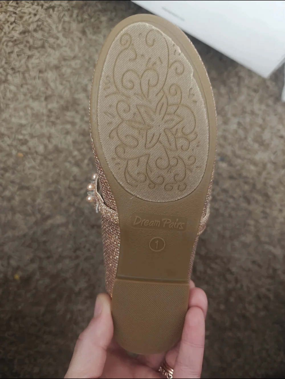 Girl's Glitter Pearl Strap Flats - Rose Gold Size 1